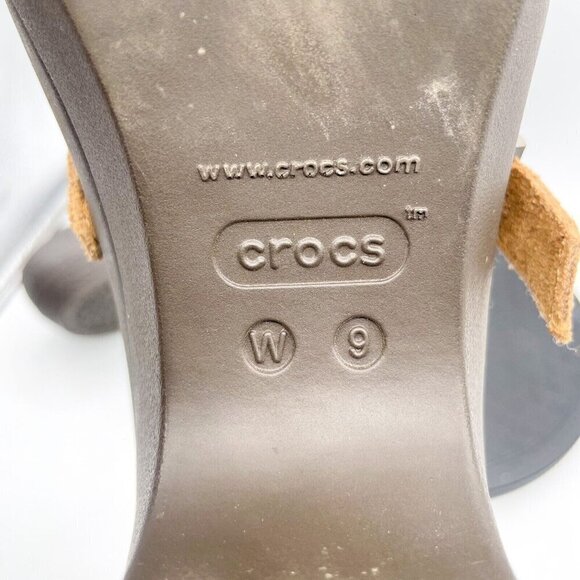 Crocs Brown Sarah Clog Womens 9 Heel Dual Comfort Mules Suede Leather Strap Shoe - Picture 9 of 9